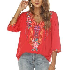 NWT KOMILI Embroidered Bohemian Tunic Blouse Short Sleeve V-Neck Cotton Red
